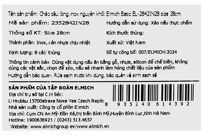 Chảo inox nguyên khối sâu đáy từ 28 cm Elmich Basic EL-2842IN28 Màu Inox