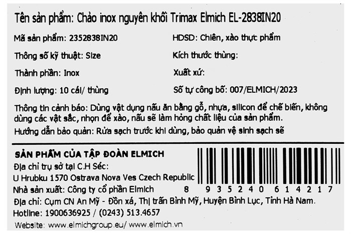 Chảo inox nguyên khối đáy từ 20 cm Elmich Trimax EL-2838IN20 Màu Inox