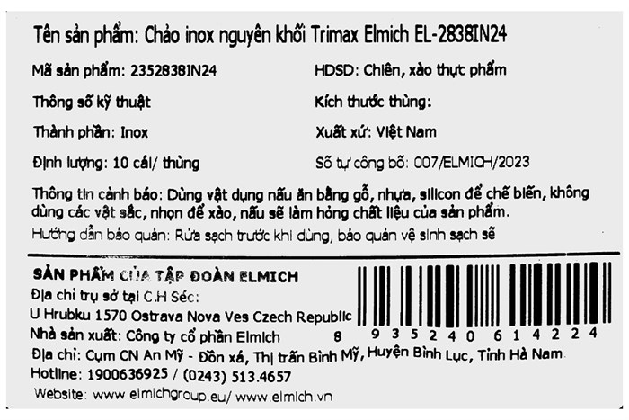 Chảo inox nguyên khối đáy từ 24 cm Elmich Trimax EL-2838IN24 Màu Inox