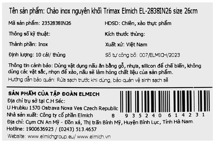 Chảo inox nguyên khối đáy từ 26 cm Elmich Trimax EL-2838IN26 Màu Inox