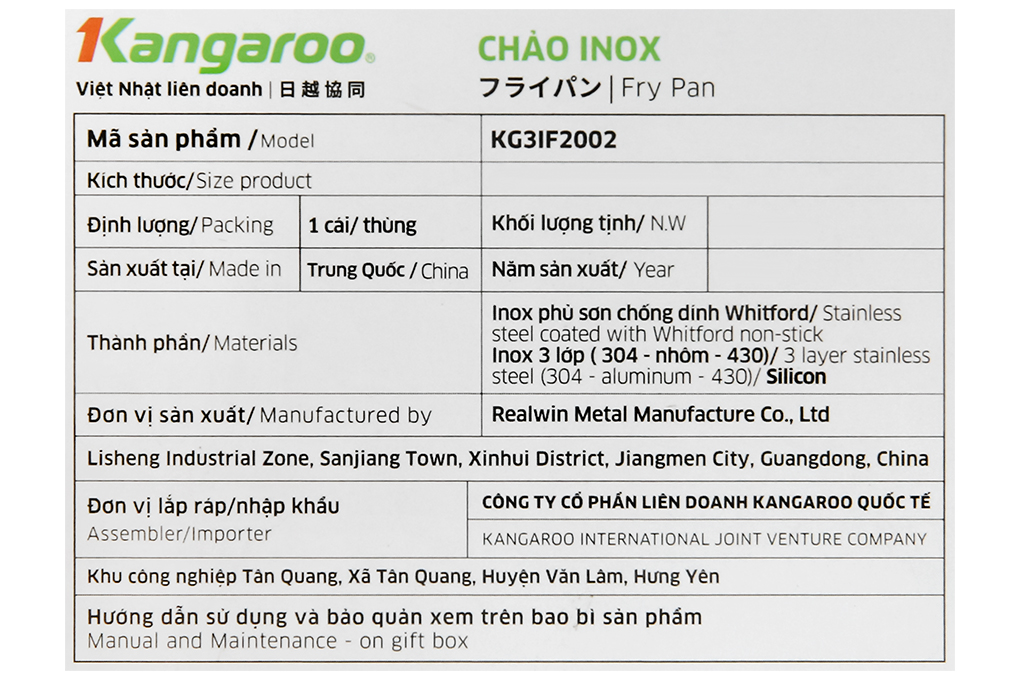 Chảo inox nguyên khối sâu chống dính đáy từ nắp kính 20 cm Kangaroo KG3IF2002 Màu Inox