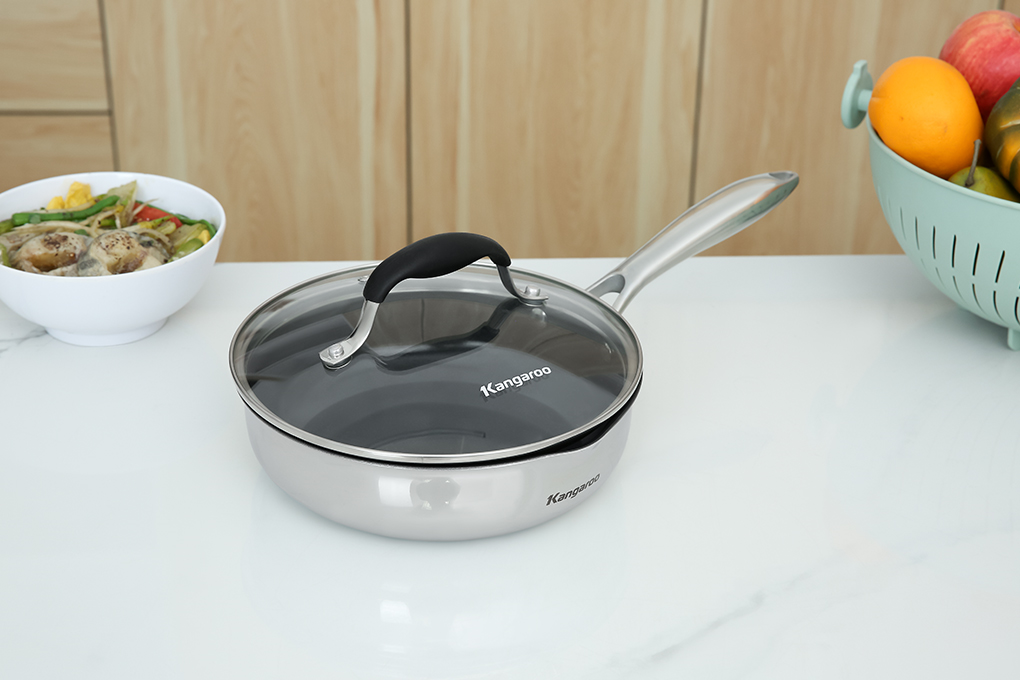 Chảo inox nguyên khối sâu chống dính đáy từ nắp kính 20 cm Kangaroo KG3IF2002 Màu Inox