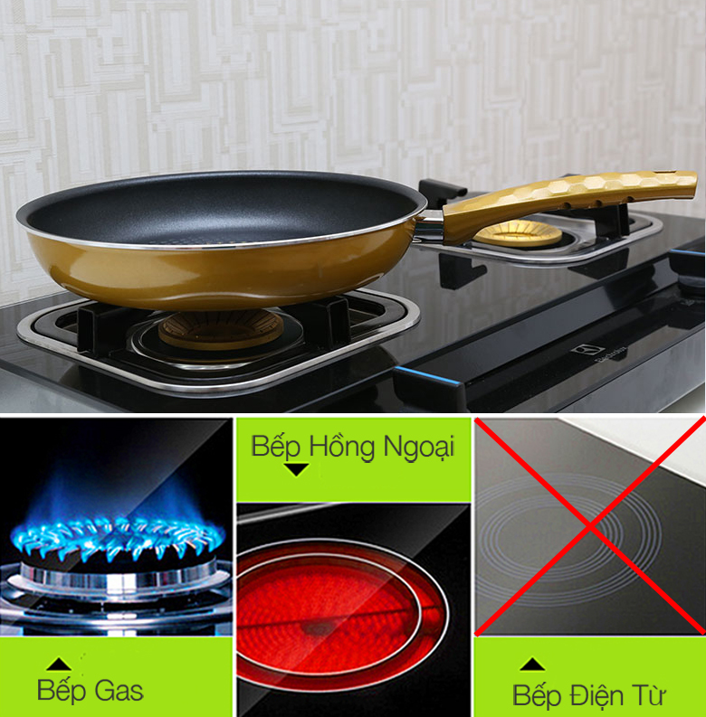 Chảo kim cương chống dính 5D Kangaroo KG169M có thể dùng với bếp gas và bếp hồng ngoại, nhưng không dùng được với bếp từ.