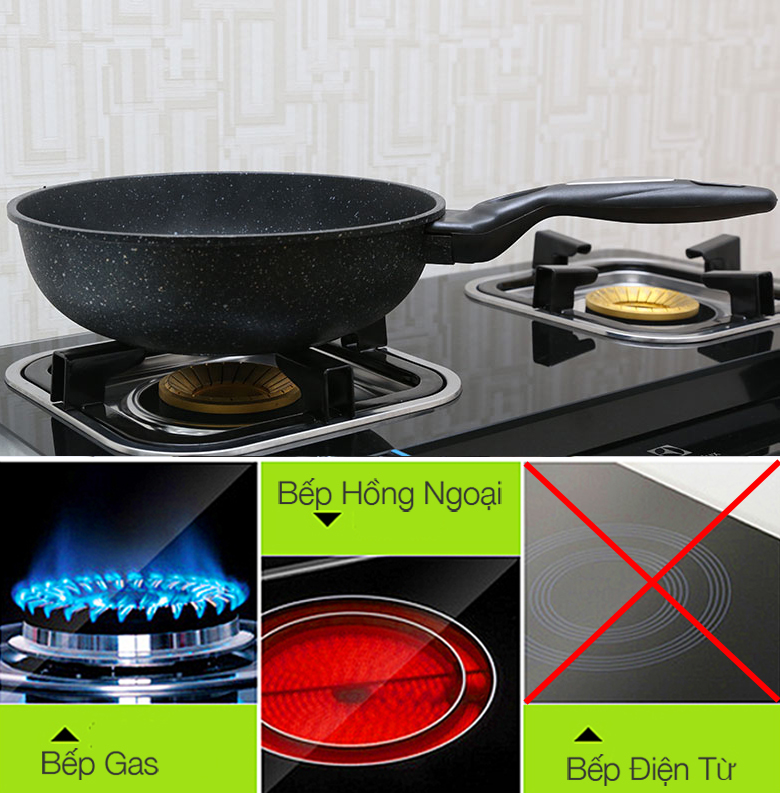 Chảo đá sâu Calistar Sunhouse SBDS-26 sử dụng tốt cho bếp gas, bếp hồng ngoại, không dùng cho bếp từ