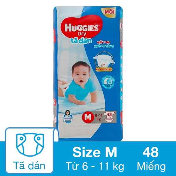 Tã dán Huggies Dry size M 48 miếng (6 – 11 kg)