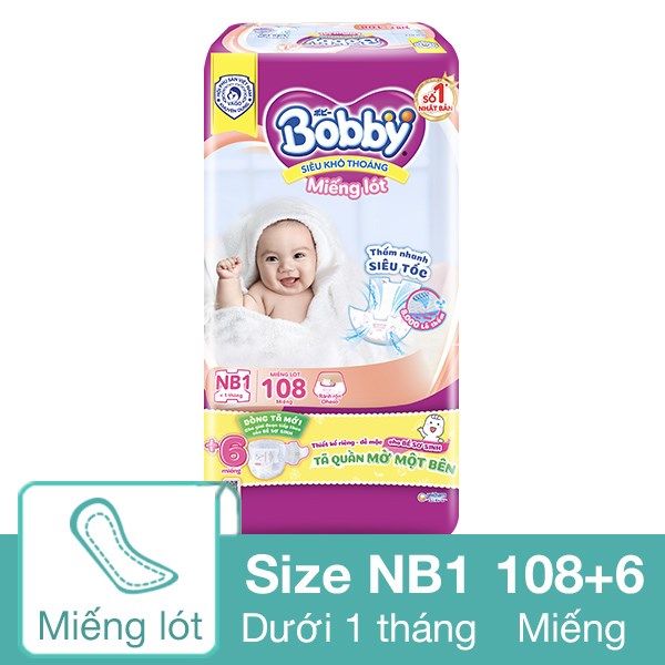 Miếng Lót Bobby Size Nb1 108 + 6 Miếng (Dưới 1 Tháng) - Giao Bao Bì Ngẫu Nhiên