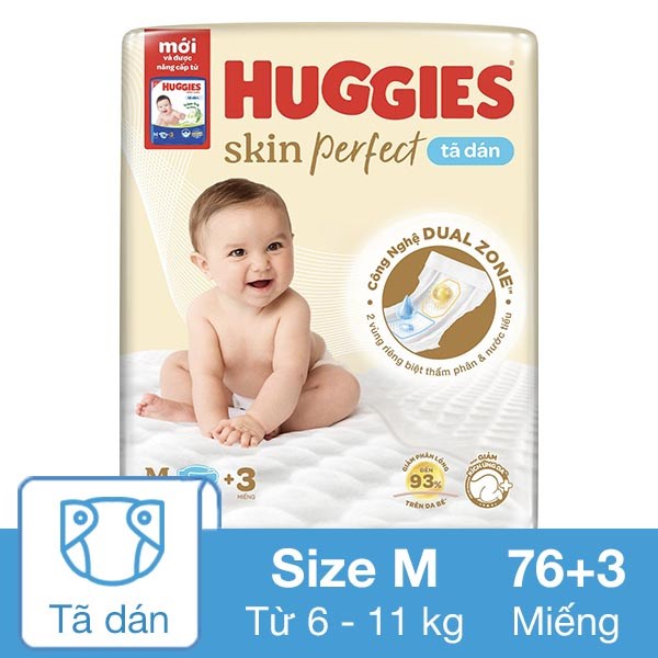 Tã Dán Huggies Skin Perfect Size M 76 + 3 Miếng (6 - 11 Kg) - Giao Bao Bì Ngẫu Nhiên