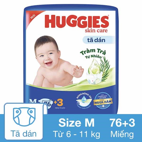 Tã dán Huggies Skincare size M 76 + 3 miếng (6 – 11 kg)
