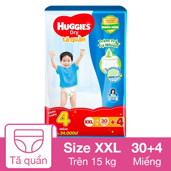 Tã quần Huggies Dry size XXL 30 + 4 miếng (Trên 15 kg) - AVAKids.com