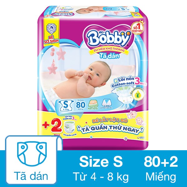 Tã dán Bobby size S 82 miếng (4 – 8 kg)