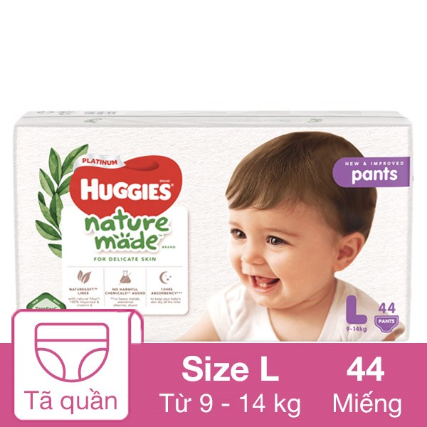 Tã quần Huggies Platinum nature made siêu cao cấp size L 44 miếng (9 – 14 kg)