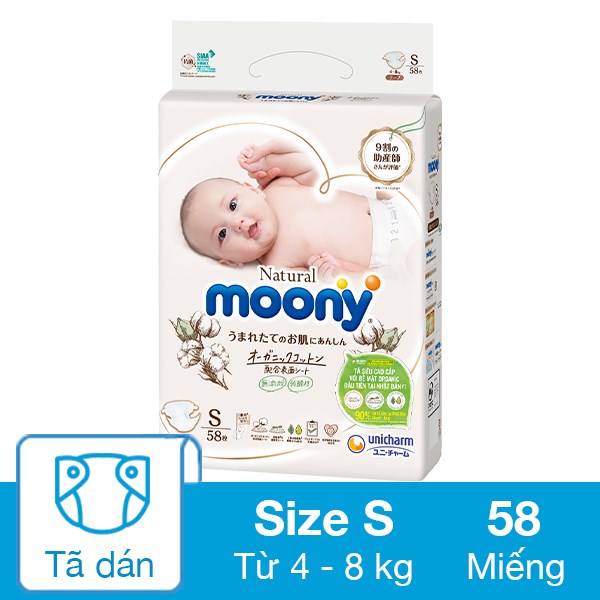 Tã dán Moony Natural size S 58 miếng (4 – 8 kg)