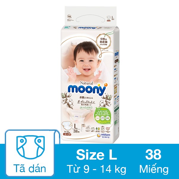 Tã dán Moony Natural size L 38 miếng (9 – 14 kg)