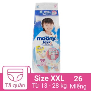 Tã quần Moony bé nhỏ gái size XXL 26 miếng (cho bé 13 - 28kg)