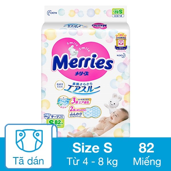 Tã dán Merries size S 82 miếng (4 – 8 kg)