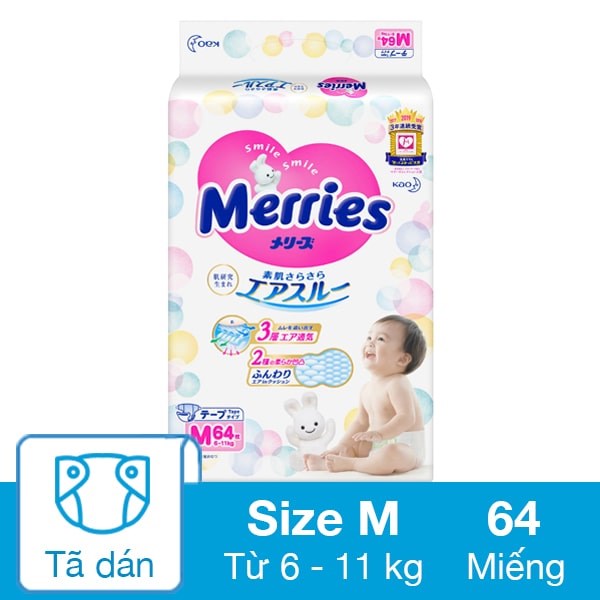 Tã dán Merries size M 64 miếng (6 – 11 kg)