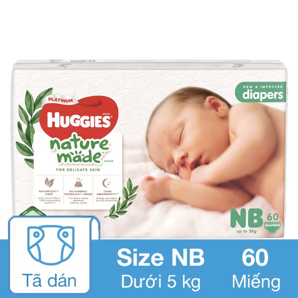 Tã dán Huggies Platinum nature made siêu cao cấp size NB 60 miếng (Dưới 5 kg)