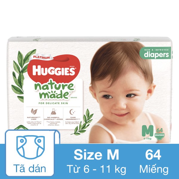 Tã dán Huggies Platinum nature made siêu cao cấp size M 64 miếng (6 – 11 kg)