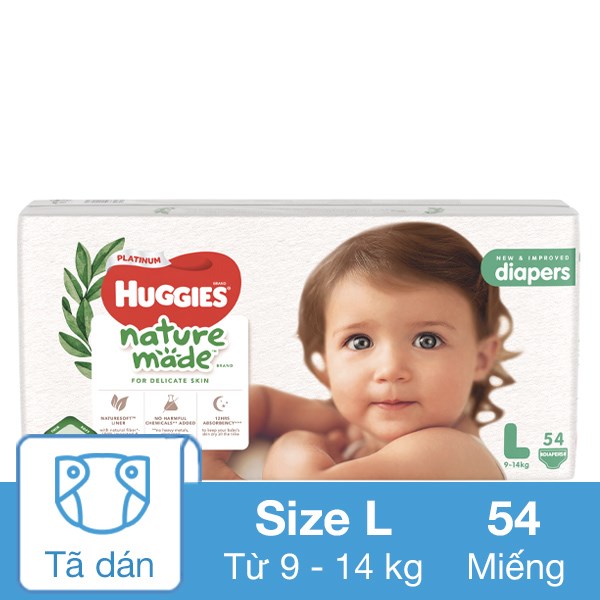 Tã dán Huggies Platinum nature made siêu cao cấp size L 54 miếng (9 – 14 kg)