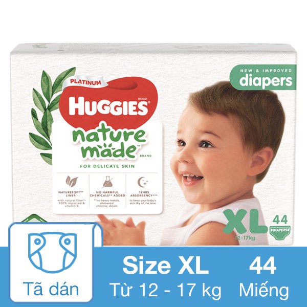 Tã dán Huggies Platinum nature made siêu cao cấp size XL 44 miếng (12 – 17 kg)