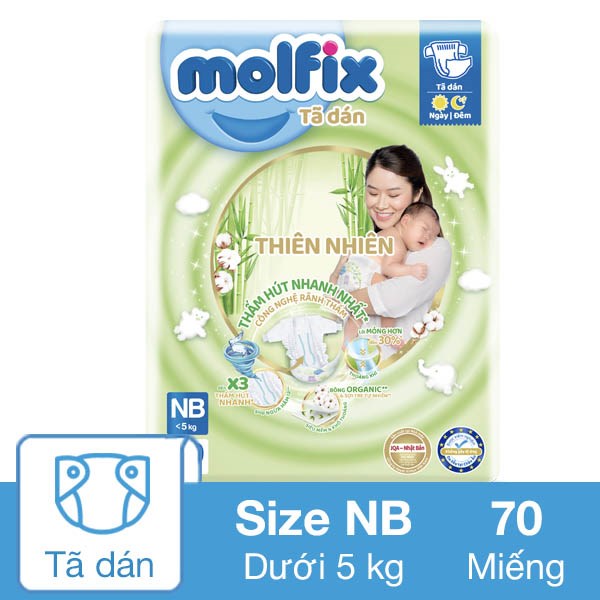 Tã Dán Molfix Thiên Nhiên Size Nb 70 (Dưới 5 Kg) - Giao Bao Bì Ngẫu Nhiên