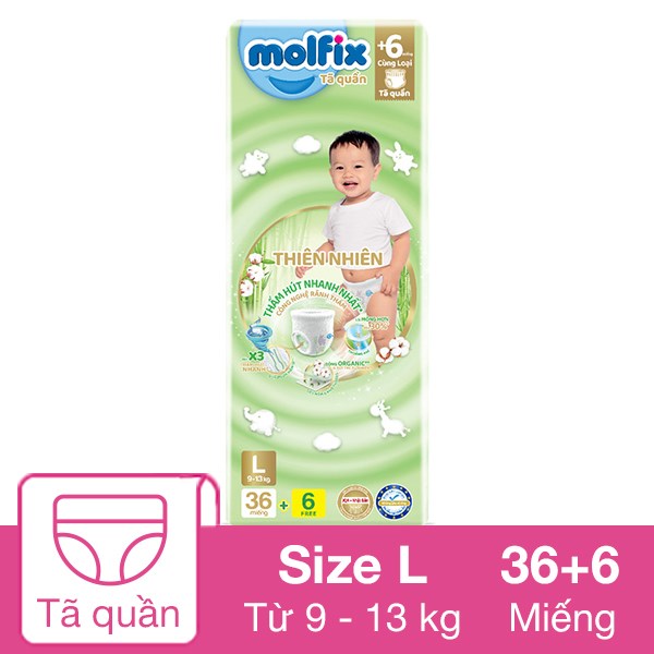 Tã Quần Molfix Thiên Nhiên Size L 36 + 6 Miếng (9 - 13 Kg)