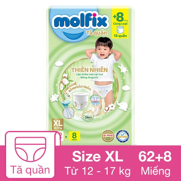 Tã quần Molfix thiên nhiên size XL 62 + 8 miếng (12 – 17 kg)