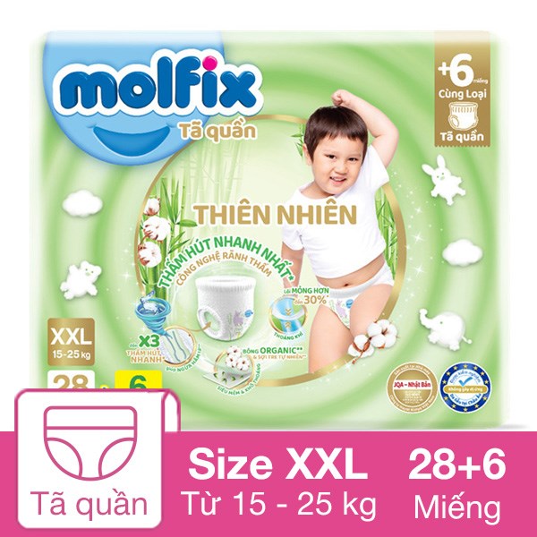 Tã Quần Molfix Thiên Nhiên Size Xxl 28 + 6 Miếng (15 - 25 Kg)