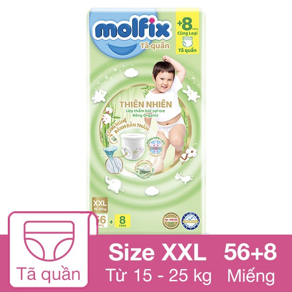 Tã quần Molfix thiên nhiên size XXL 56 + 8 miếng (15 – 25 kg)