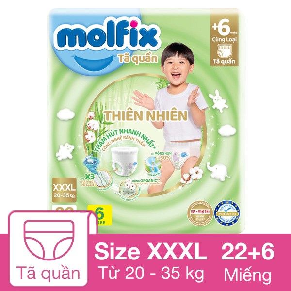 Tã Quần Molfix Thiên Nhiên Size Xxxl 22 + 6 Miếng (20 - 35 Kg) - Giao Bao Bì Ngẫu Nhiên