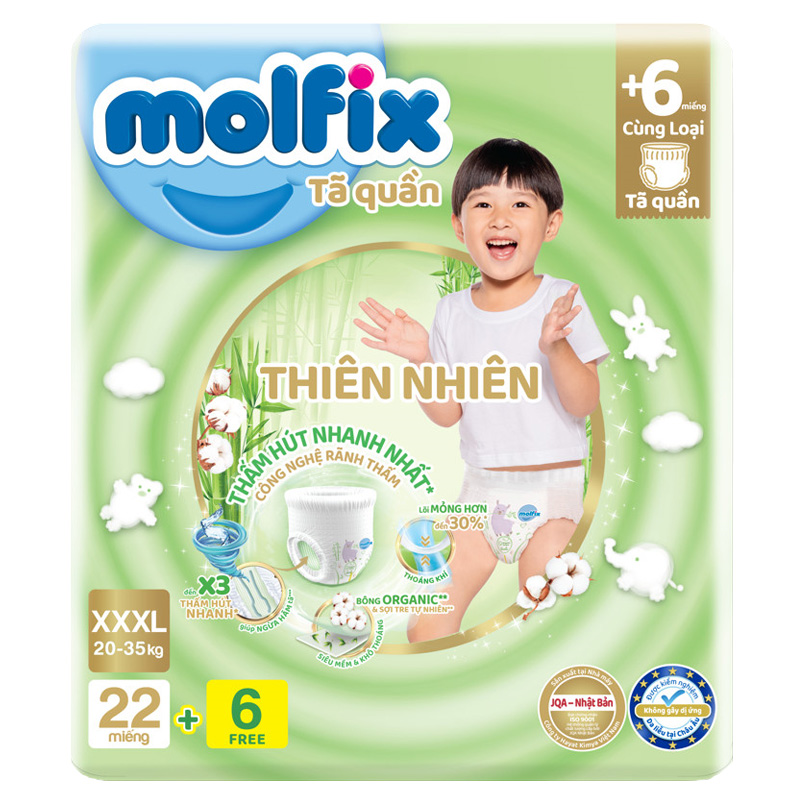 Tã quần Molfix thiên nhiên size XXXL 22 + 6 miếng (20 - 35 kg) - Giao bao bì ngẫu nhiên