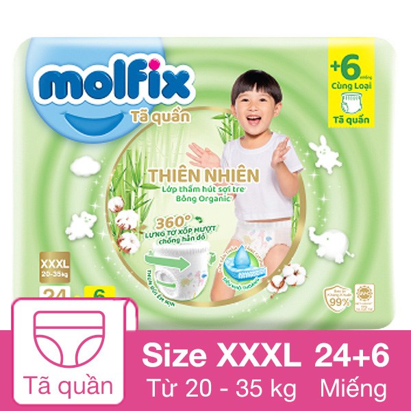 Tã quần Molfix thiên nhiên size XXXL 24 + 6 miếng (20 – 35 kg)