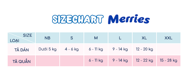 Tã quần Merries size XXL 26 miếng (15 - 28 kg) - Hướng dẫn chọn size