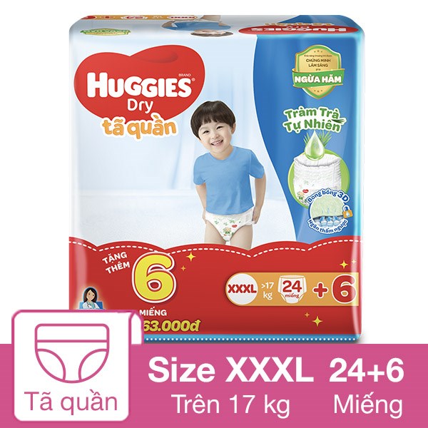 Tã quần Huggies Dry size XXXL 24 + 6 miếng (Trên 17 kg)