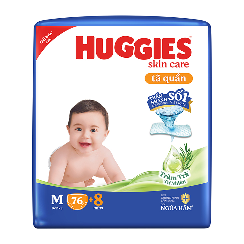 Tã quần Huggies Skincare cực đại size M 76 + 8 miếng (6 - 11 kg) - Giao bao bì ngẫu nhiên