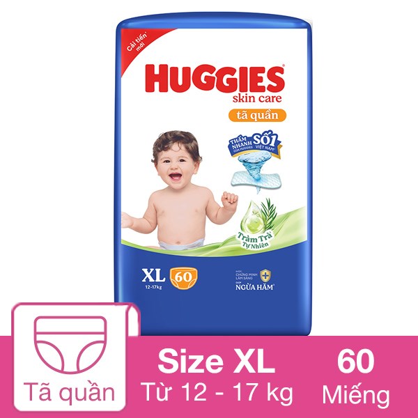 Tã Quần Huggies Skincare Cực Đại Size Xl 60 Miếng (12 - 17 Kg) - Giao Bao Bì Ngẫu Nhiên