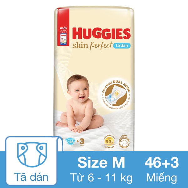 Tã Dán Huggies Skin Perfect Size M 46 + 3 Miếng (6 - 11 Kg) - Giao Bao Bì Ngẫu Nhiên