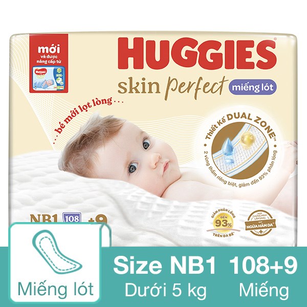 Miếng Lót Huggies Skin Perfect Size Nb1 108 + 9 Miếng (Dưới 5 Kg) - Giao Bao Bì Ngẫu Nhiên