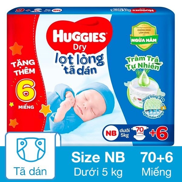 Tã dán Huggies Dry size NB 70 + 6 miếng (Dưới 5 kg)