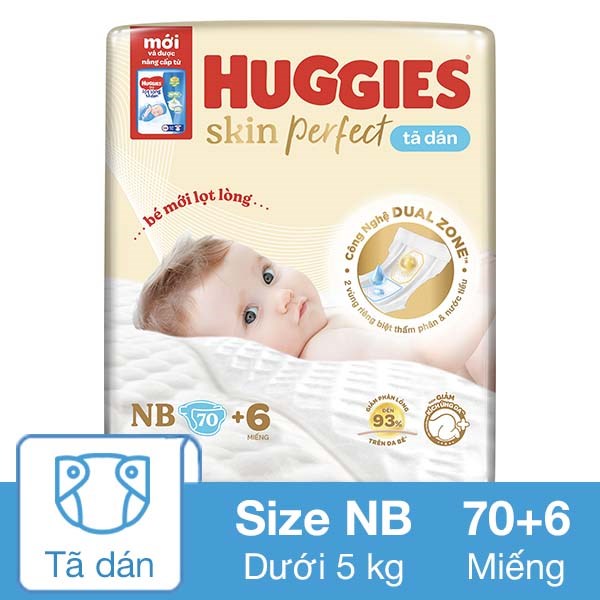 Tã Dán Huggies Skin Perfect Size Nb 70 + 6 Miếng (Dưới 5 Kg) - Giao Bao Bì Ngẫu Nhiên