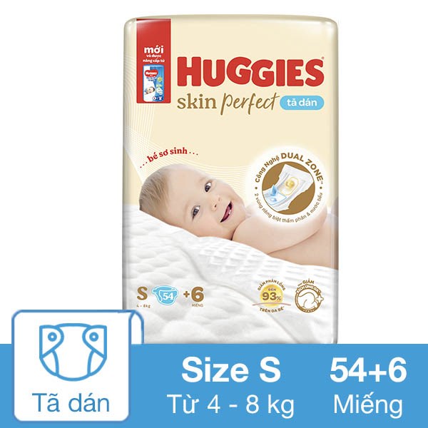 Tã Dán Huggies Skin Perfect Size S 54 + 6 Miếng (4 - 8 Kg) - Giao Bao Bì Ngẫu Nhiên