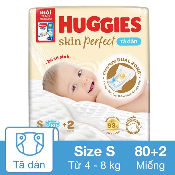 Tã Dán Huggies Skin Perfect Size S 80 + 2 Miếng (4 - 8 Kg) - Giao Bao Bì Ngẫu Nhiên