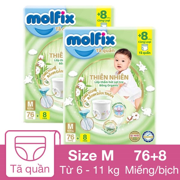 Combo 2 tã quần Molfix thiên nhiên size M 76 + 8 miếng/bịch (6 – 11 kg)