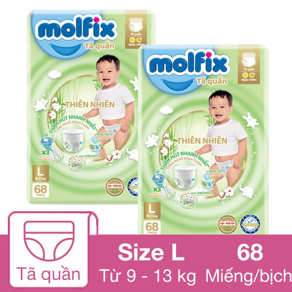 Combo 2 Tã Quần Molfix Thiên Nhiên Size L 68 Miếng/Bịch (9 - 13 Kg)