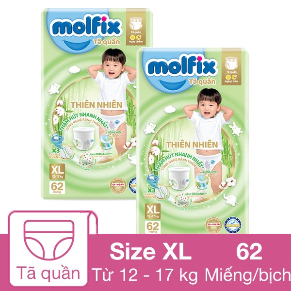 Combo 2 Tã Quần Molfix Thiên Nhiên Size Xl 62 Miếng/Bịch (12 - 17 Kg)