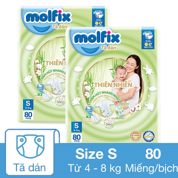 Combo 2 Tã Dán Molfix Thiên Nhiên Size S 80 Miếng/Bịch (4 - 8 Kg)