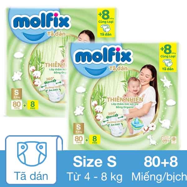 Combo 2 tã dán Molfix thiên nhiên size S 80 + 8 miếng/bịch (4 – 8 kg)