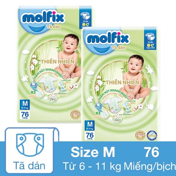 Combo 2 Tã Dán Molfix Thiên Nhiên Size M 76 Miếng/Bịch (6 - 11 Kg)