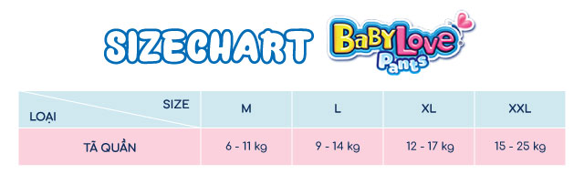 Tã quần BabyLove size L 48 + 2 miếng (9 - 14 kg) - Hướng dẫn chọn size