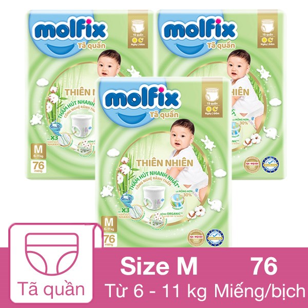 Combo 3 Tã Quần Molfix Thiên Nhiên Size M 76 Miếng/Bịch (6 - 11 Kg)